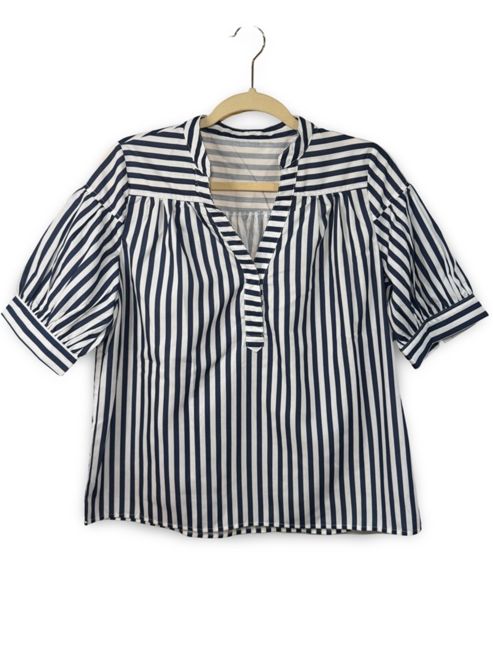 Anthropologie Darcey Navy and White Striped V‑Neck Popover Blouse - Picture 6 of 7